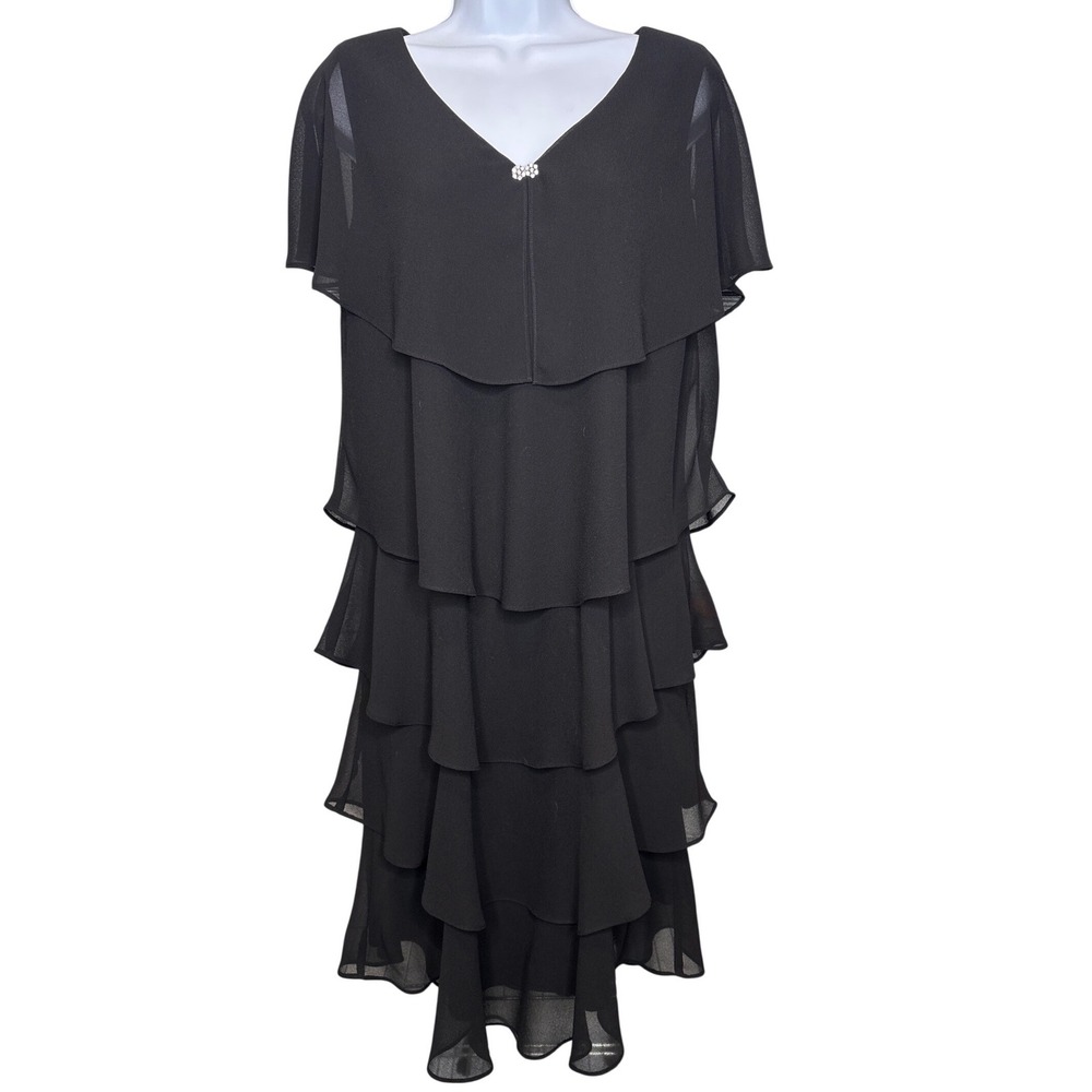 Patra Womens Black Tiered Chiffon Dress Rhinestone Brooch Size 12 Special Event‎